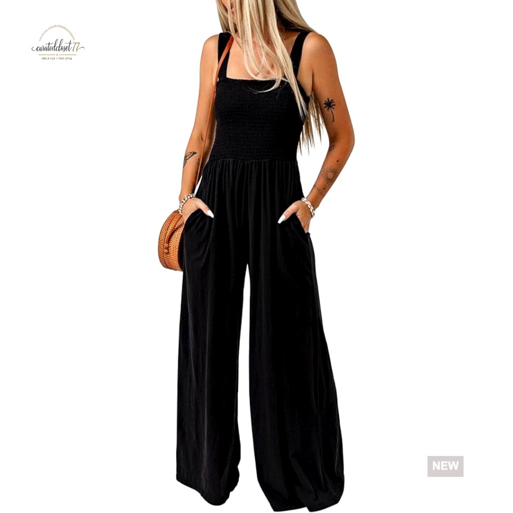 Sleeveless Wide Leg Jumpsuit With Pockets, Loose Fit, Polyester, X-Large